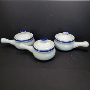 French Onion Soup Crock Chili Bowls Handle Lid Stoneware Vtg Taiwan Cottagecore
